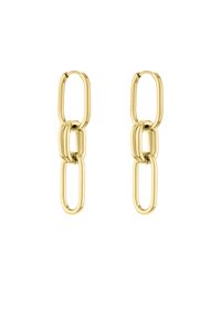 Orecchini in tono oro con forme ovali e rettangolari collegate, dalla finitura lucida, che creano un effetto stratificato in un design moderno.
