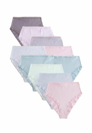 Ni par dameundertøj med høj talje i pastelfarver med blonder, arrangeret i et diagonalt overlappende mønster.