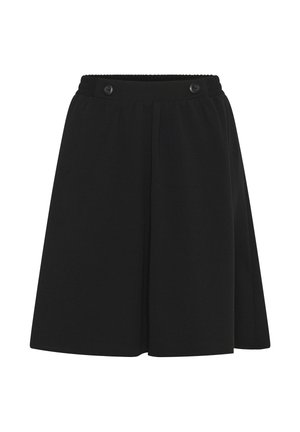 Black knee-length skirt with elastic waistband and two buttons on front, featuring a slight A-line shape.