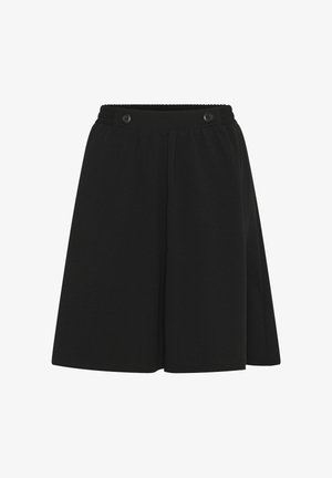 Sort knælængde nederdel med elastisk taljebånd og to knapper foran, med en let A-form.