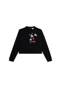 Sweatshirt cropped noir avec un graphique de Mickey Mouse brodé en rouge, blanc et marron. Manches longues avec ourlets à revers.