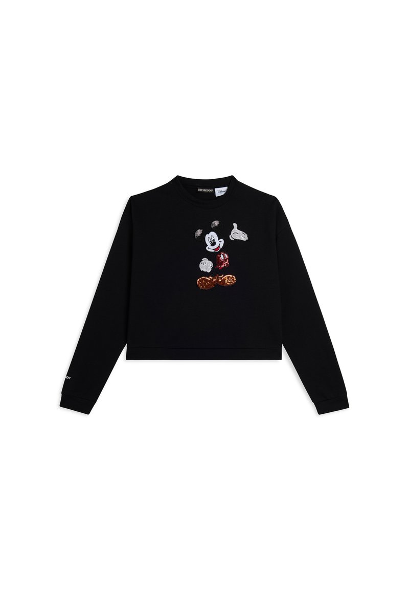 Sweatshirt cropped noir avec un graphique de Mickey Mouse brodé en rouge, blanc et marron. Manches longues avec ourlets à revers.
