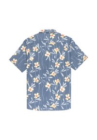 Košile s krátkým rukávem s modrým pozadím a květinovými vzory v žluté a červené barvě. Vyrobena z lehkého materiálu s uvolněným střihem.