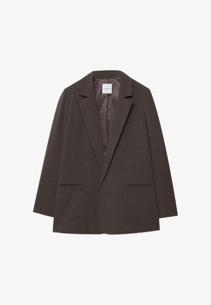 Dunkelbraunes Sakko mit Reverskragen, einreihiger Knopfleiste und zwei Fronttaschen. Glattes Innenfutter, maßgeschneiderte Passform und strukturierter Stoff.