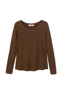 T-shirt long brown à manches longues avec uncol rond, fabriqué en tissu doux, présentant une coupe décontractée et un ourlet droit.