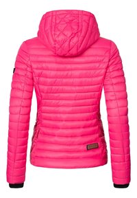 Fuchsia puffer jacket with a hood, featuring quilted texture, ribbed cuffs, and a small branded patch on the lower side.