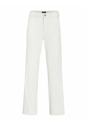 Pantaloni bianchi a gamba larga realizzati in tessuto misto cotone, caratterizzati da una chiusura con bottone frontale, passanti per cintura e due tasche laterali.