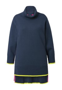 Maglione a collo alto in maglia color navy con maniche lunghe, caratterizzato da strisce neon gialle e rosa a contrasto all'orlo e ai polsini per un tocco di originalità.