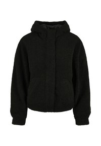 Veste polaire noire à capuche avec manches longues et deux poches avant, en tissu doux et texturé.