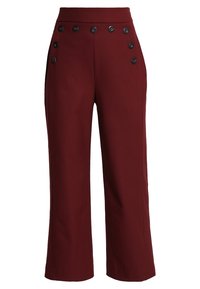 Burgundowe spodnie szerokie z wysokim stanem, z sześcioma czarnymi guzikami z przodu i gładkim, teksturowanym wykończeniem.