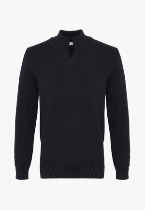 Zwarte, langmouw gebreide trui met geribde kraag, manchetten en onderzoom, met een voorste inkeping aan de kraag.