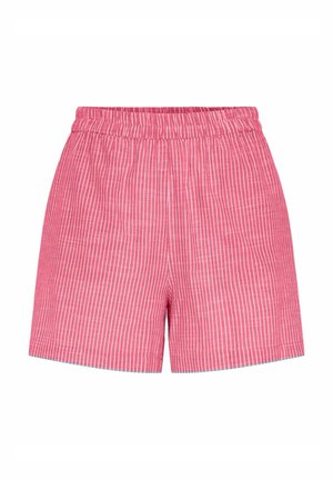 Shorts rayés rouges et blancs en tissu léger, dotés d'une taille élastique et d'un design décontracté à coupe droite.