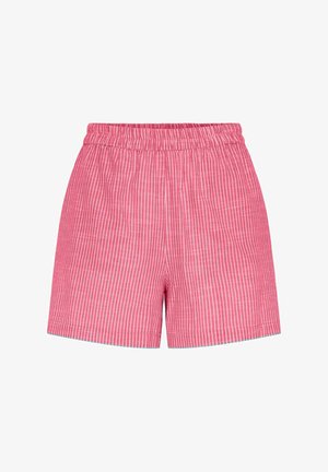 Shorts rayés rouges et blancs en tissu léger, dotés d'une taille élastique et d'un design décontracté à coupe droite.