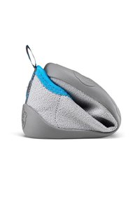 Climbing shoe featuring a gray fabric upper with a blue accent, rounded shape, and a textured rubber sole for grip.