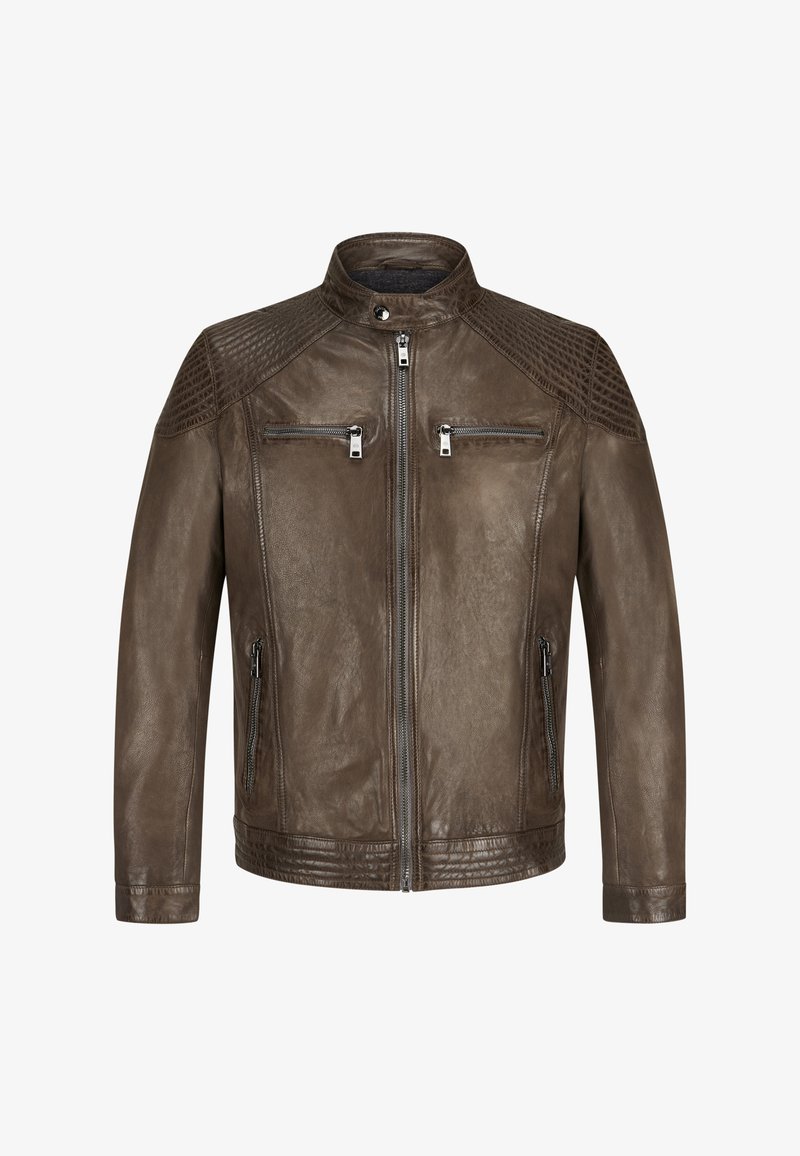 Braune Lederjacke mit Stehkragen, gesteppten Schultereinsätzen, zwei Reißverschlusstaschen auf der Brust und zwei Seitentaschen. Glatte Textur.