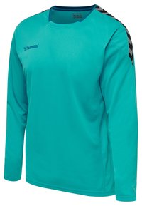 Langarm-Sportshirt in leuchtendem Türkis, aus atmungsaktivem Material. Hat schwarze Chevron-Musterakzente an den Schultern.