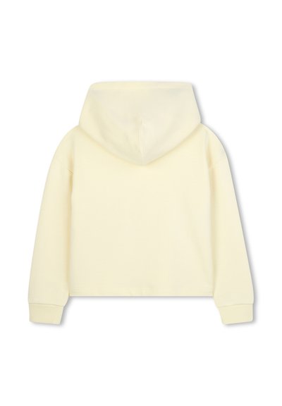 Gekürzter Hoodie aus blassgelbem Baumwollstoff, mit einer Kapuze mit Kordelzug und langen Ärmeln mit gerippten Bündchen. Glatte Textur, minimalistisches Design.
