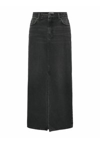 Zwarte denim rok met een hoge taille, knoopsluiting aan de voorkant, twee voorzakken en een rechte snit met een centrale split.