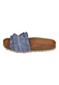 Blauwe suède slide-sandaal met een gerimpelde bovenkant en een kurken tussenzool. Beige rubberen zool met een textuur voor grip. Vlak ontwerp.
