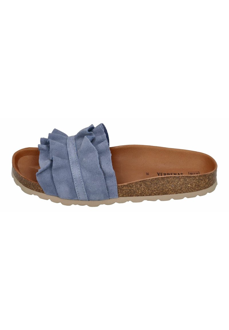 Blauwe suède slide-sandaal met een gerimpelde bovenkant en een kurken tussenzool. Beige rubberen zool met een textuur voor grip. Vlak ontwerp.