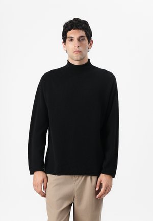 Schwarzer Rollkragenpullover mit lockerer Passform, langen Ärmeln und weicher Textur; kombiniert mit hellen Hosen.