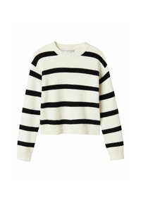 Weißer, gerippter Pulli mit langen Ärmeln und schwarzen horizontalen Streifen über dem Körper und den Ärmeln, mit rundem Ausschnitt und cropped Länge.