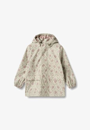 Chaqueta impermeable de estampado floral en verde claro, con capucha, puños elásticos, dos bolsillos delanteros y forro interior rosa.
