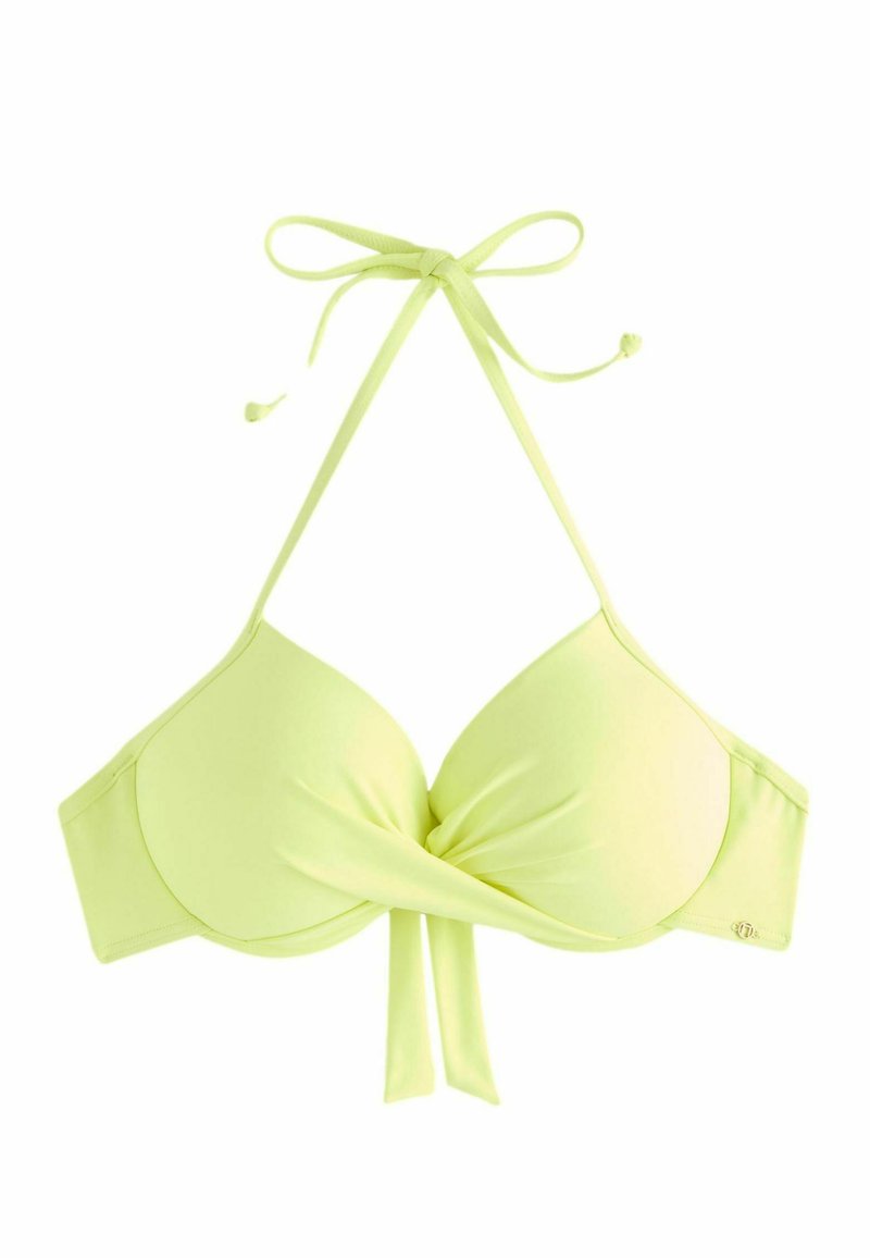 Skaidrus žalias bikini viršus su mazgo detalėmis centre, reguliuojamomis petnešėlėmis ir lygia audinio tekstūra. Su subtiliomis auksinėmis detalėmis.