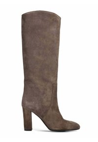 Stivale in suede marrone, alto fino al ginocchio, con tacco a blocco alto e punta affusolata, mostrato di profilo su sfondo bianco.