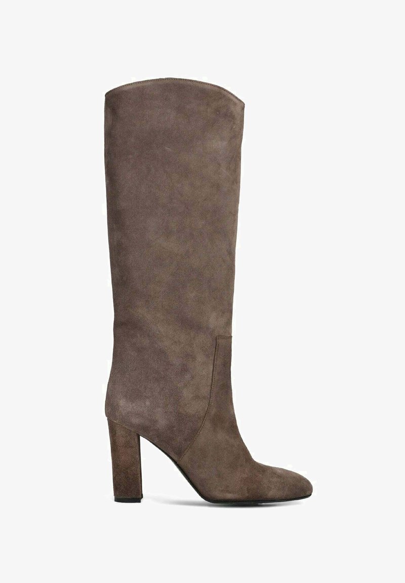 Stivale in suede marrone, alto fino al ginocchio, con tacco a blocco alto e punta affusolata, mostrato di profilo su sfondo bianco.