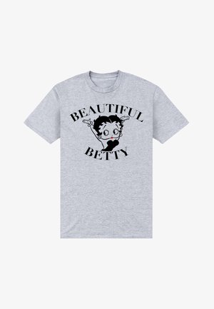 Lichtgrijs T-shirt met een zwart-wit cartoonfiguur met rode lippen en de tekst "BEAUTIFUL BETTY" erboven en eronder.