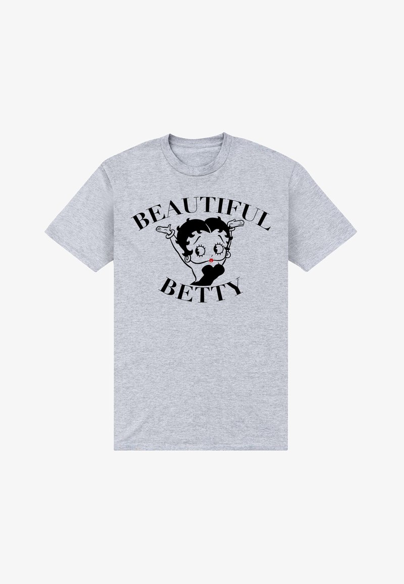 Jasnoszary T-shirt z czarno-białą postacią z kreskówki z czerwonymi ustami oraz napisem "BEAUTIFUL BETTY" powyżej i poniżej.