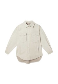 Beige overhemd met knopen, gemaakt van zachte, gestructureerde stof. Het heeft twee borstzakken, zijsleuven en een ronde zoom. Langere mouwen inbegrepen.