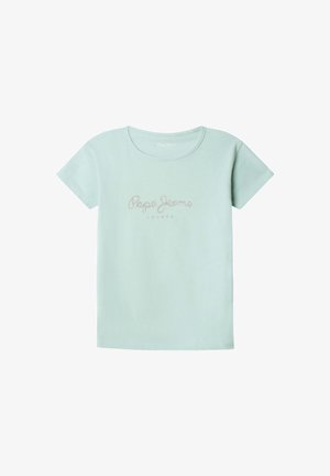 Camiseta de algodón de manga corta en color verde claro. Cuenta con un cuello redondo y el texto "Pepe Jeans London" bordado en plata en la parte frontal.
