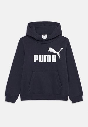 Sweatshirt azul marinho com um bolso frontal, apresentando um grande logótipo "PUMA" em branco e a silhueta do logótipo no peito. Material de tecido macio.
