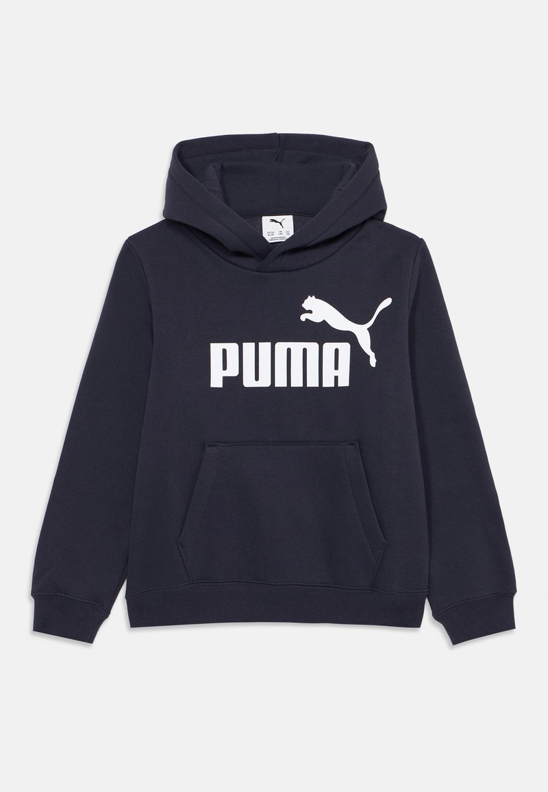 Felpa con cappuccio blu navy con tasca frontale, caratterizzata da un grande logo bianco "PUMA" e un'illustrazione del logo sul petto. Materiale in tessuto morbido.