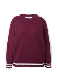 Maglione bordeaux con dettagli a righe bianche sulle maniche e sull'orlo. Presenta un collo rotondo a coste e un tessuto a maglia testurizzato.