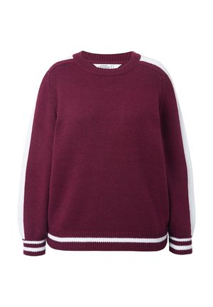 Maglione bordeaux con dettagli a righe bianche sulle maniche e sull'orlo. Presenta un collo rotondo a coste e un tessuto a maglia testurizzato.