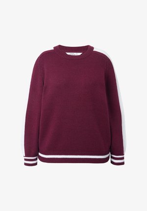 Bordeaux sweater med hvide stribede detaljer på ærmer og kant. Har en ribbet rund halsudskæring og struktureret strikket stof.