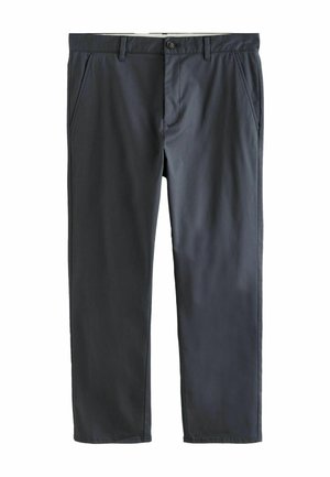 Dark gray straight-leg trousers with front button, zip closure, belt loops, and slanted side pockets, displayed flat on white background.