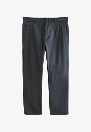 Dark gray straight-leg trousers with front button, zip closure, belt loops, and slanted side pockets, displayed flat on white background.
