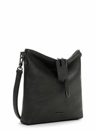Borsa in pelle verde scuro con chiusura a zip, design piatto, tracolla regolabile e una linguetta decorativa con borchie e un accento metallico.