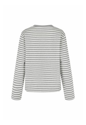 Chemise à rayures grises et blanches à manches longues. Tissu doux, coupe droite, col rond et détails subtils à l'ourlet.