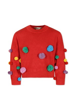 Maglione lavorato a maglia rosso con pompon colorati in verde, blu, viola, giallo e rosso. Collo a giro e orlo a coste. Maniche corte e aderenti.