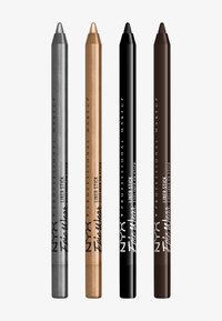 Quatre crayons eyeliner en gris métallique, bronze scintillant, noir mat et marron foncé. Chacun a une pointe effilée et un boîtier noir étiqueté.