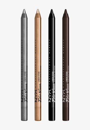 Quatre crayons eyeliner en gris métallique, bronze scintillant, noir mat et marron foncé. Chacun a une pointe effilée et un boîtier noir étiqueté.