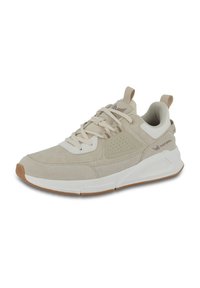 Beige Sport-schuh aus Wildleder und Mesh, mit einer weißen Zwischensohle, strukturierten Akzenten und einer Gummisohle. Verstellbarer Schnürverschluss.
