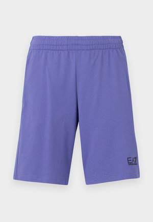 Pantaloni sportivi viola realizzati in tessuto morbido, con vita elastica e un logo EA7 nero sulla parte inferiore della gamba sinistra.