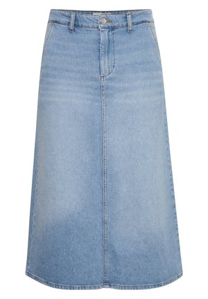 Light blue denim A-line skirt with a mid-length cut, featuring a front zipper, belt loops, and subtle fading for texture.