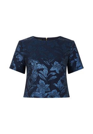 Marineblaues Crop-Top mit kurzen Ärmeln, glänzendem floralen Jacquardmuster und rundem Ausschnitt.